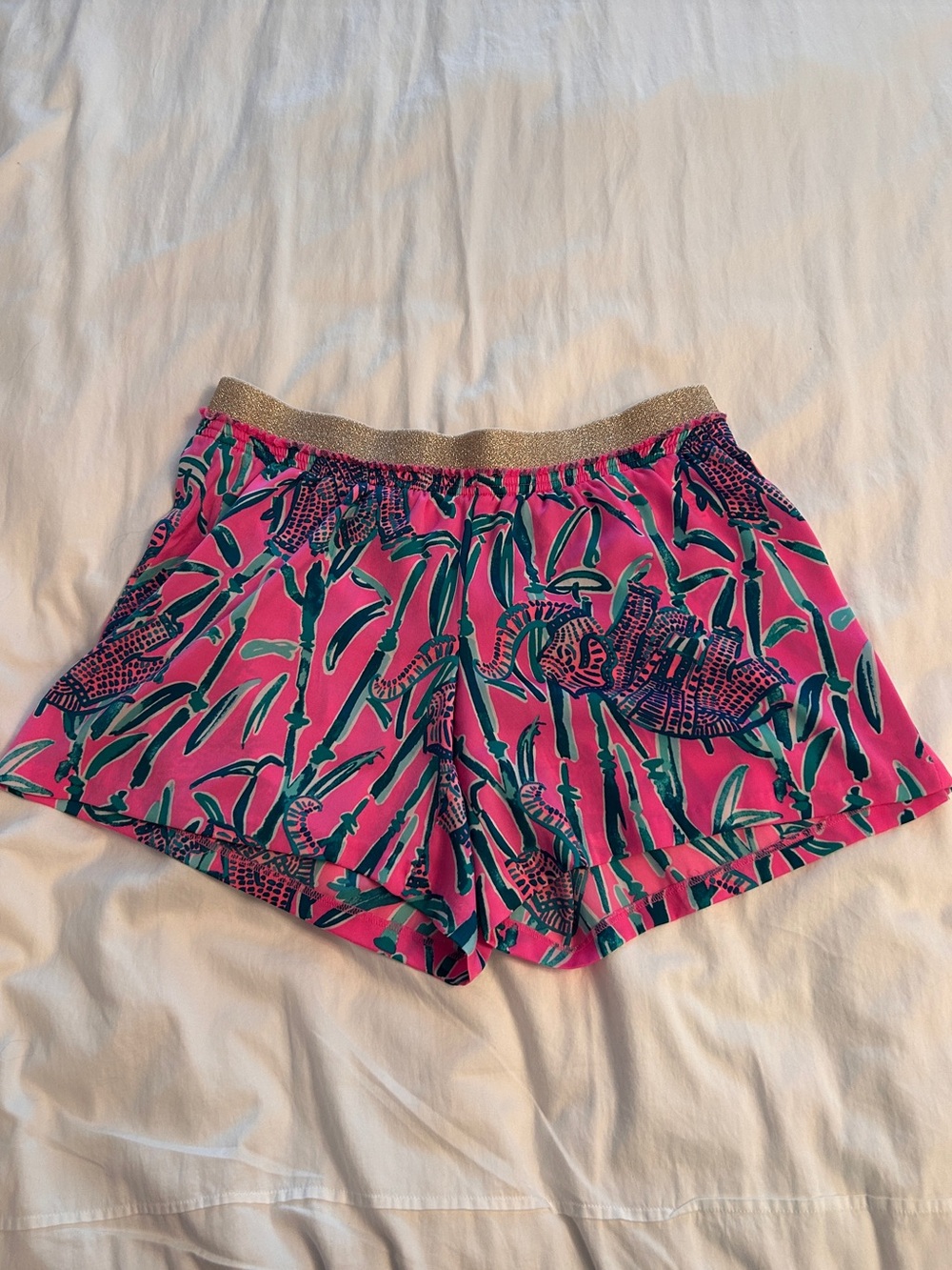 Lilly Pulitzer Pink Elephant Print Shorts with Gold Elastic Waist Band